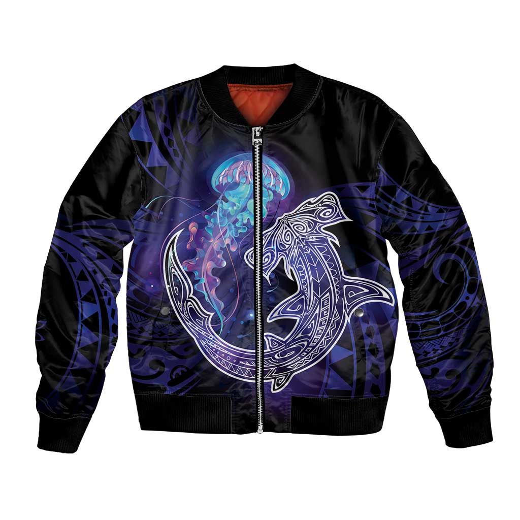Polynesian Aumakua Bomber Jacket Jellyfish with Shark LT7 Unisex Teal Purple - Polynesian Pride
