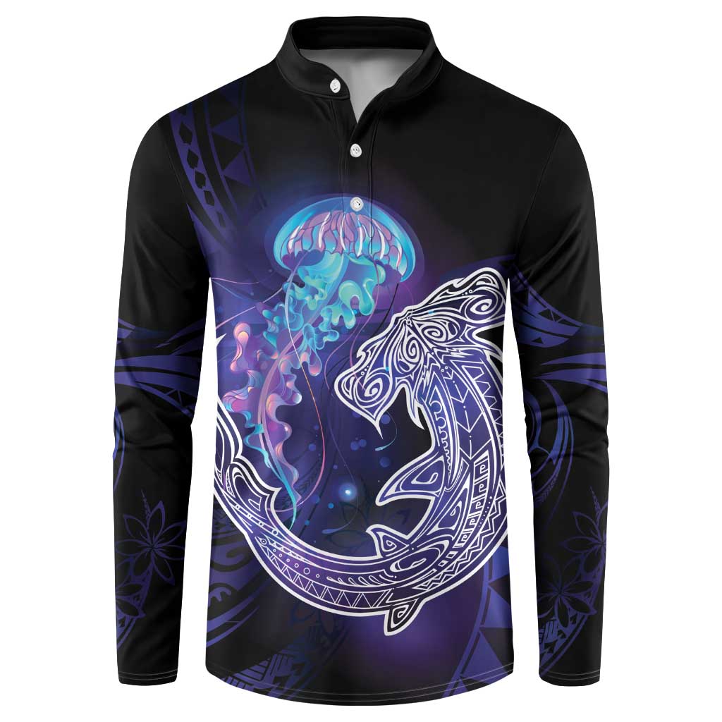 Polynesian Aumakua Button Sweatshirt Jellyfish with Shark LT7 Teal Purple - Polynesian Pride