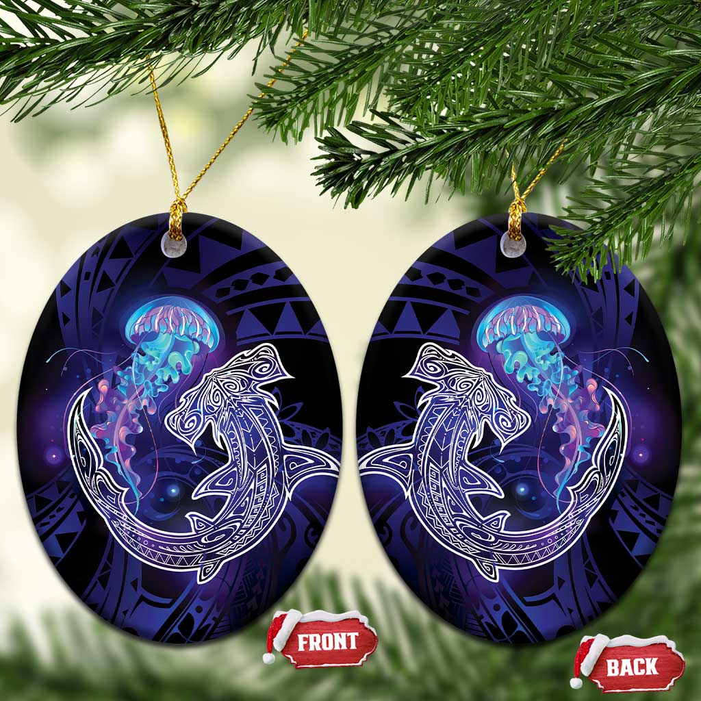 Polynesian Aumakua Ceramic Ornament Jellyfish with Shark LT7 Oval Teal Purple - Polynesian Pride