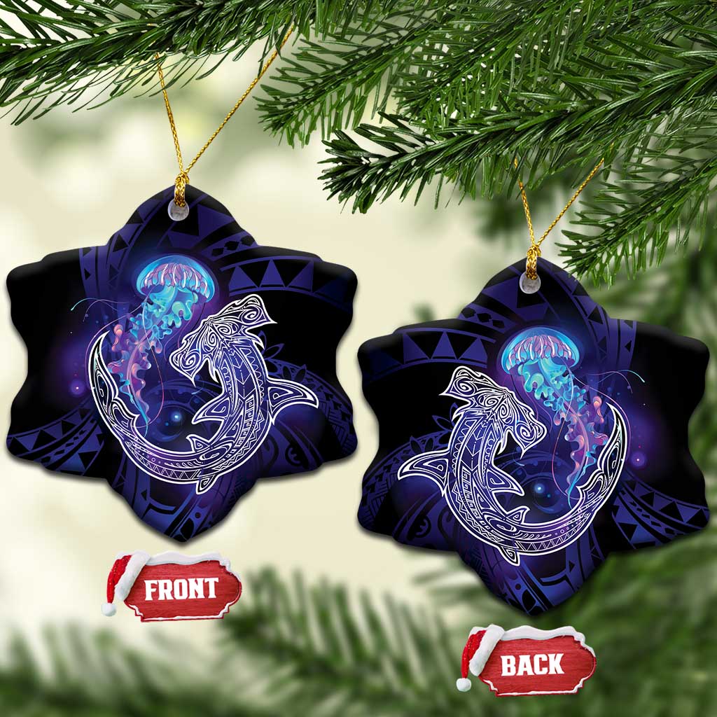 Polynesian Aumakua Ceramic Ornament Jellyfish with Shark LT7 Snow Flake Teal Purple - Polynesian Pride