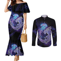 Polynesian Aumakua Couples Matching Mermaid Dress and Long Sleeve Button Shirt Jellyfish with Shark LT7 Teal Purple - Polynesian Pride