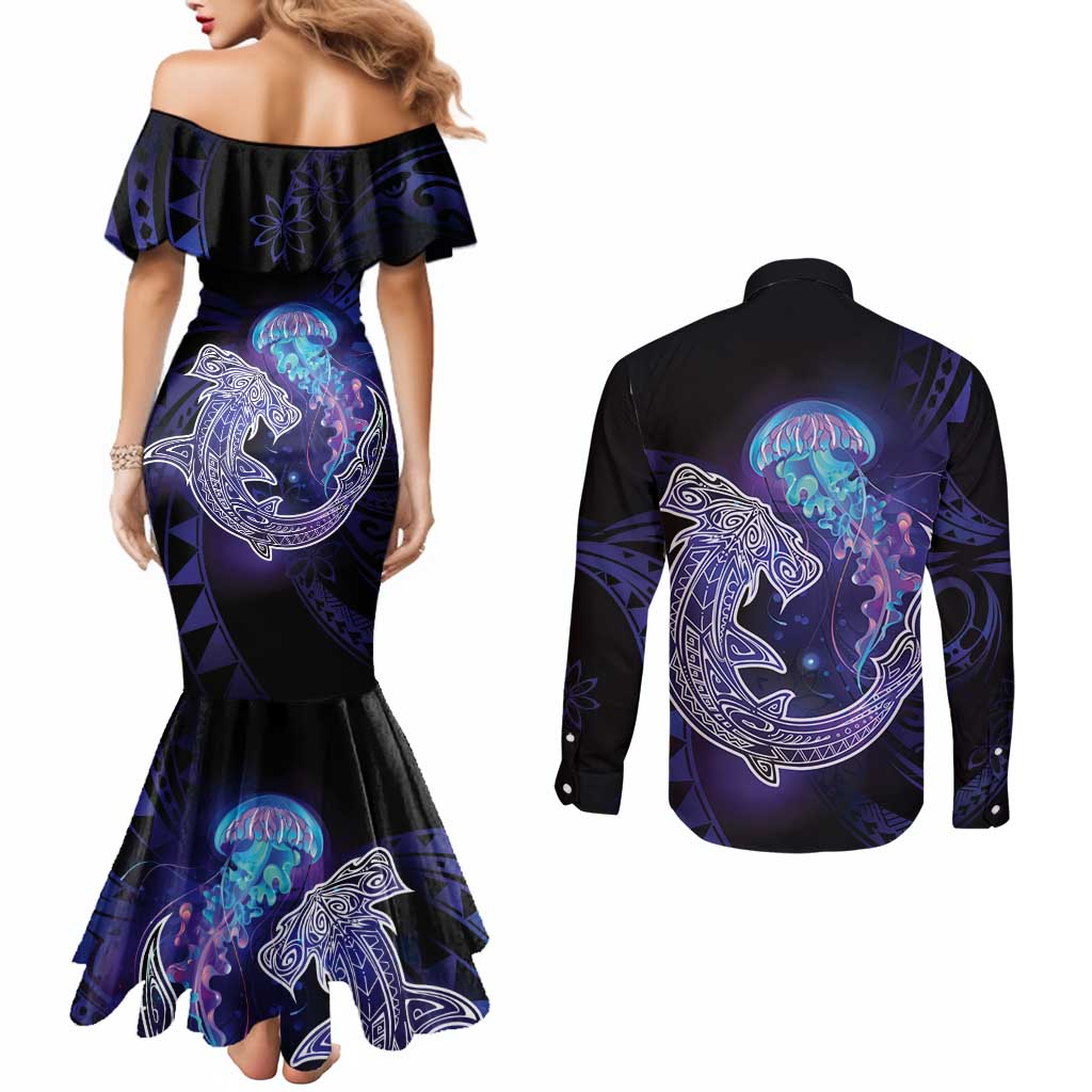 Polynesian Aumakua Couples Matching Mermaid Dress and Long Sleeve Button Shirt Jellyfish with Shark LT7 - Polynesian Pride