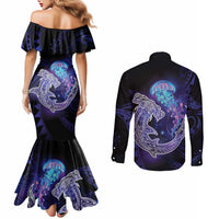 Polynesian Aumakua Couples Matching Mermaid Dress and Long Sleeve Button Shirt Jellyfish with Shark LT7 - Polynesian Pride