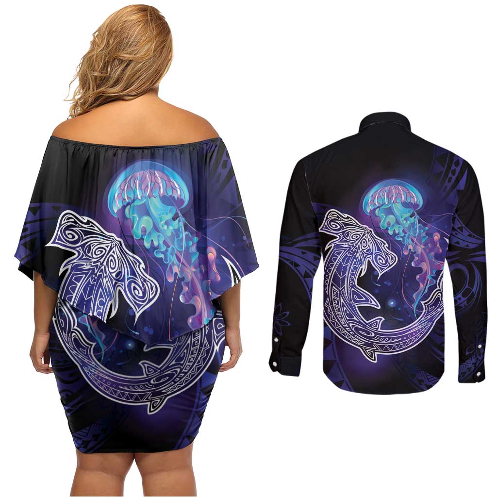 Polynesian Aumakua Couples Matching Off Shoulder Short Dress and Long Sleeve Button Shirt Jellyfish with Shark LT7 - Polynesian Pride