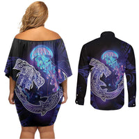 Polynesian Aumakua Couples Matching Off Shoulder Short Dress and Long Sleeve Button Shirt Jellyfish with Shark LT7 - Polynesian Pride