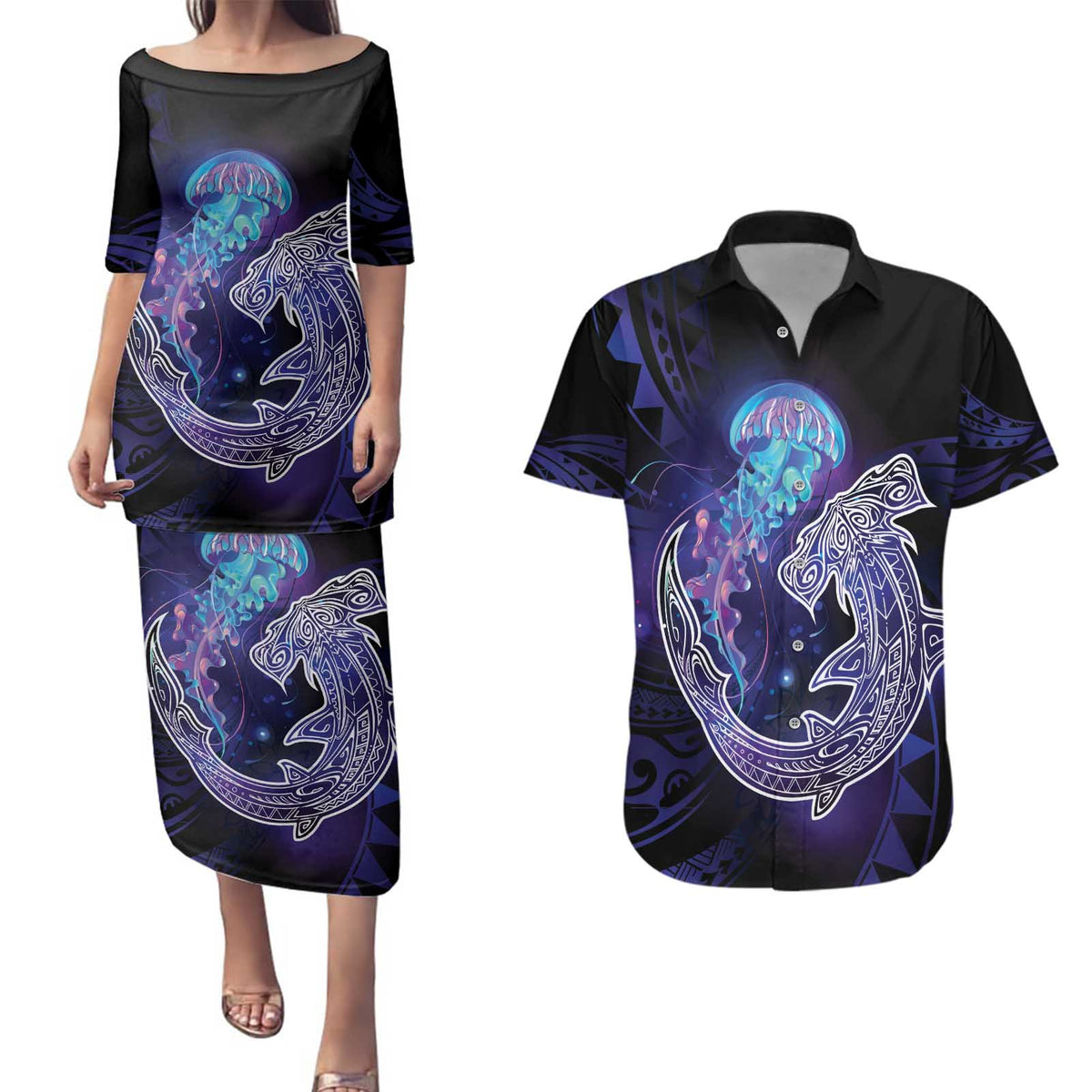 Polynesian Aumakua Couples Matching Puletasi and Hawaiian Shirt Jellyfish with Shark LT7 Teal Purple - Polynesian Pride