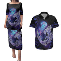 Polynesian Aumakua Couples Matching Puletasi and Hawaiian Shirt Jellyfish with Shark LT7 Teal Purple - Polynesian Pride