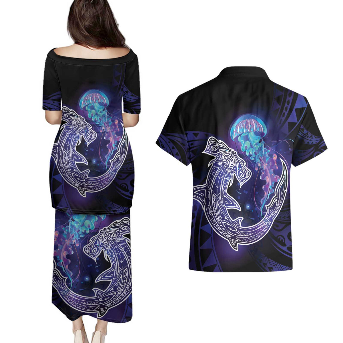 Polynesian Aumakua Couples Matching Puletasi and Hawaiian Shirt Jellyfish with Shark LT7 - Polynesian Pride