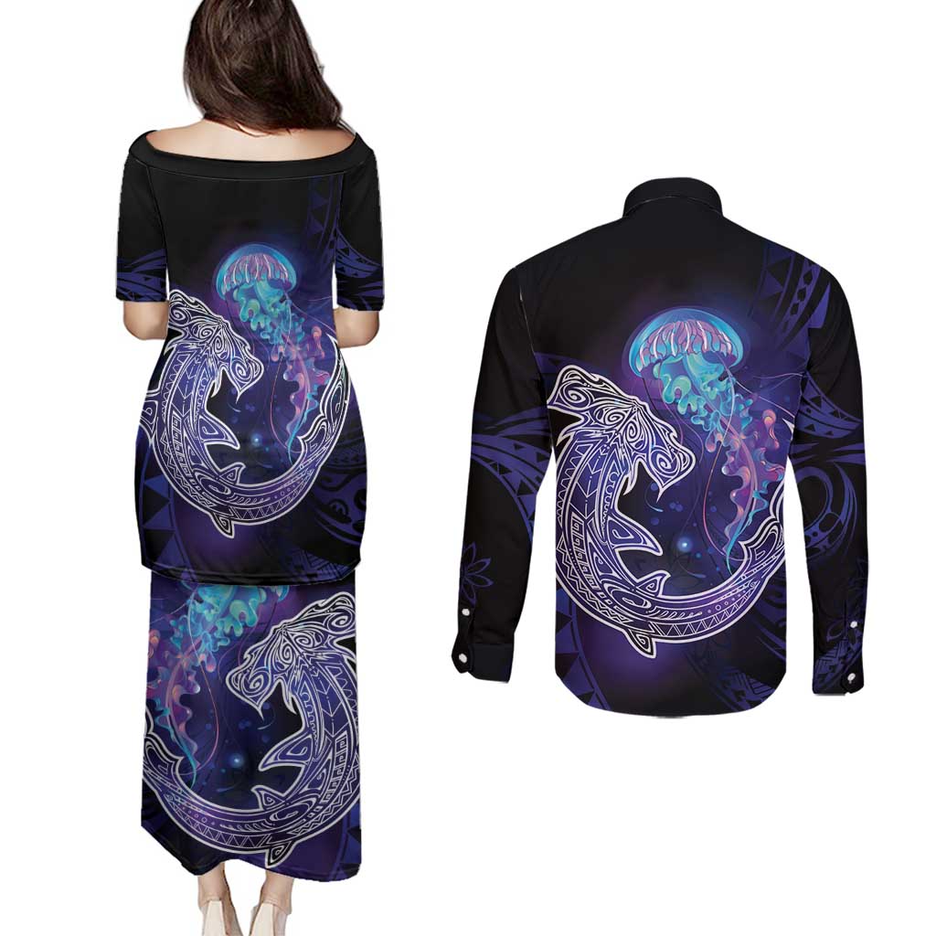 Polynesian Aumakua Couples Matching Puletasi and Long Sleeve Button Shirt Jellyfish with Shark LT7 - Polynesian Pride