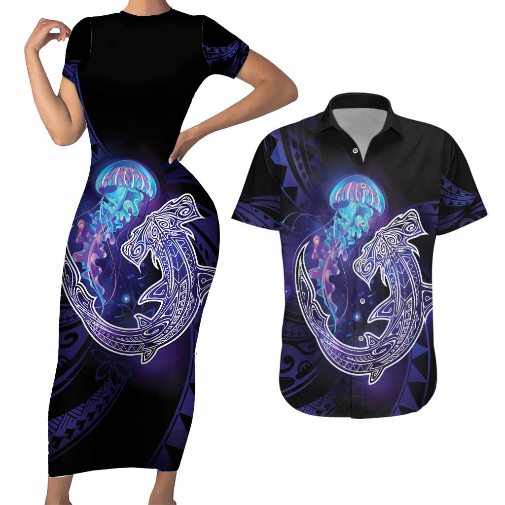 Polynesian Aumakua Couples Matching Short Sleeve Bodycon Dress and Hawaiian Shirt Jellyfish with Shark - Polynesian Pride