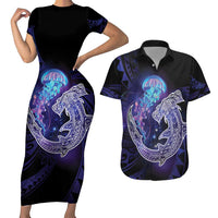 Polynesian Aumakua Couples Matching Short Sleeve Bodycon Dress and Hawaiian Shirt Jellyfish with Shark - Polynesian Pride