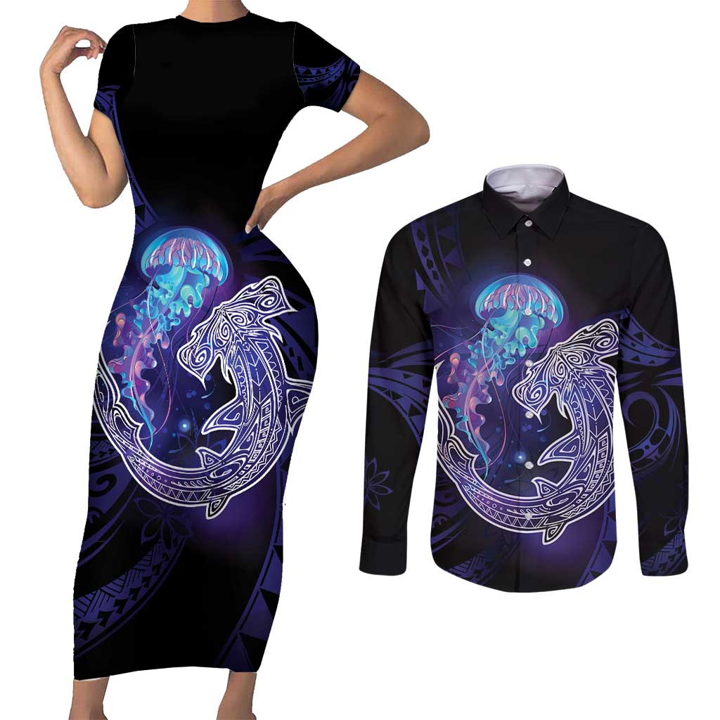 Polynesian Aumakua Couples Matching Short Sleeve Bodycon Dress and Long Sleeve Button Shirt Jellyfish with Shark LT7 Teal Purple - Polynesian Pride