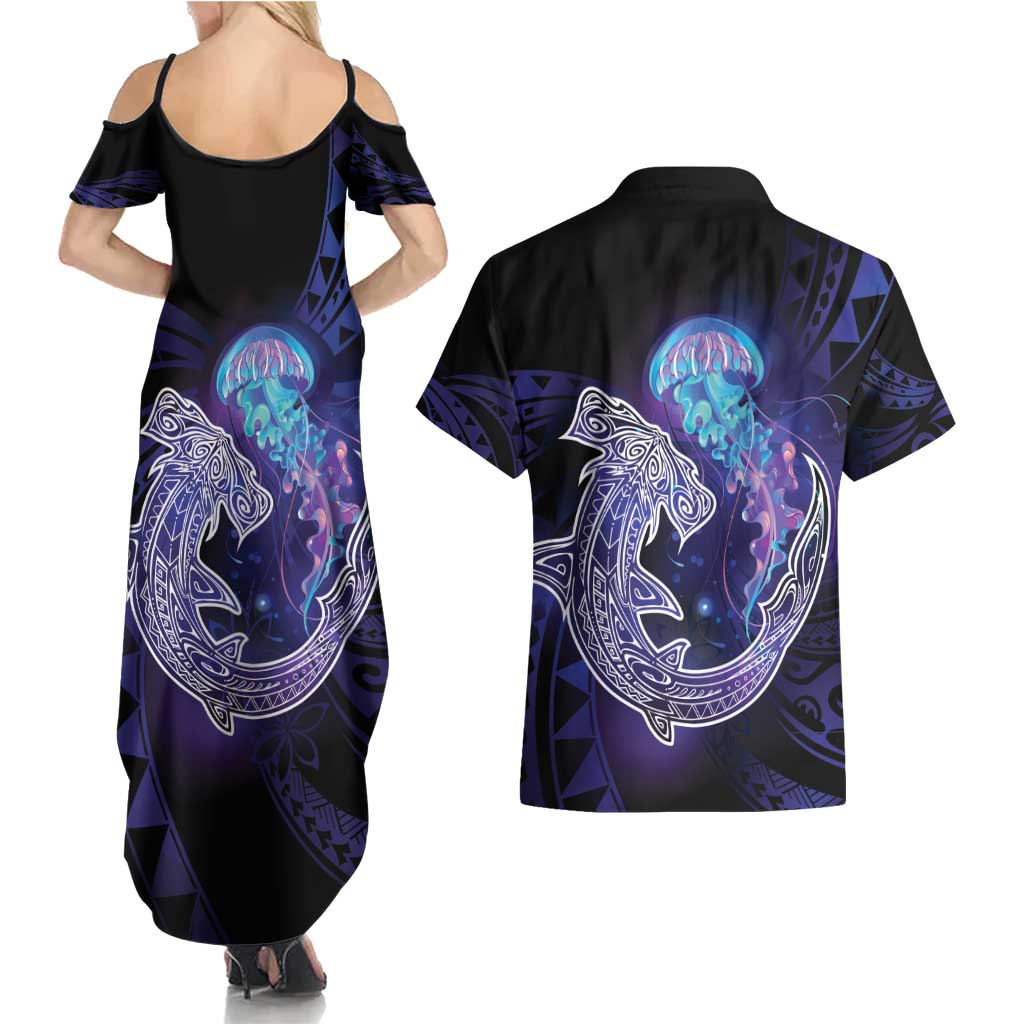Polynesian Aumakua Couples Matching Summer Maxi Dress and Hawaiian Shirt Jellyfish with Shark - Polynesian Pride
