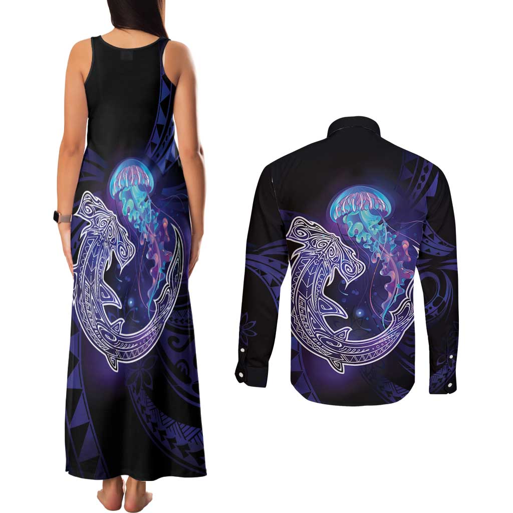 Polynesian Aumakua Couples Matching Tank Maxi Dress and Long Sleeve Button Shirt Jellyfish with Shark LT7 - Polynesian Pride