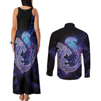Polynesian Aumakua Couples Matching Tank Maxi Dress and Long Sleeve Button Shirt Jellyfish with Shark LT7 - Polynesian Pride