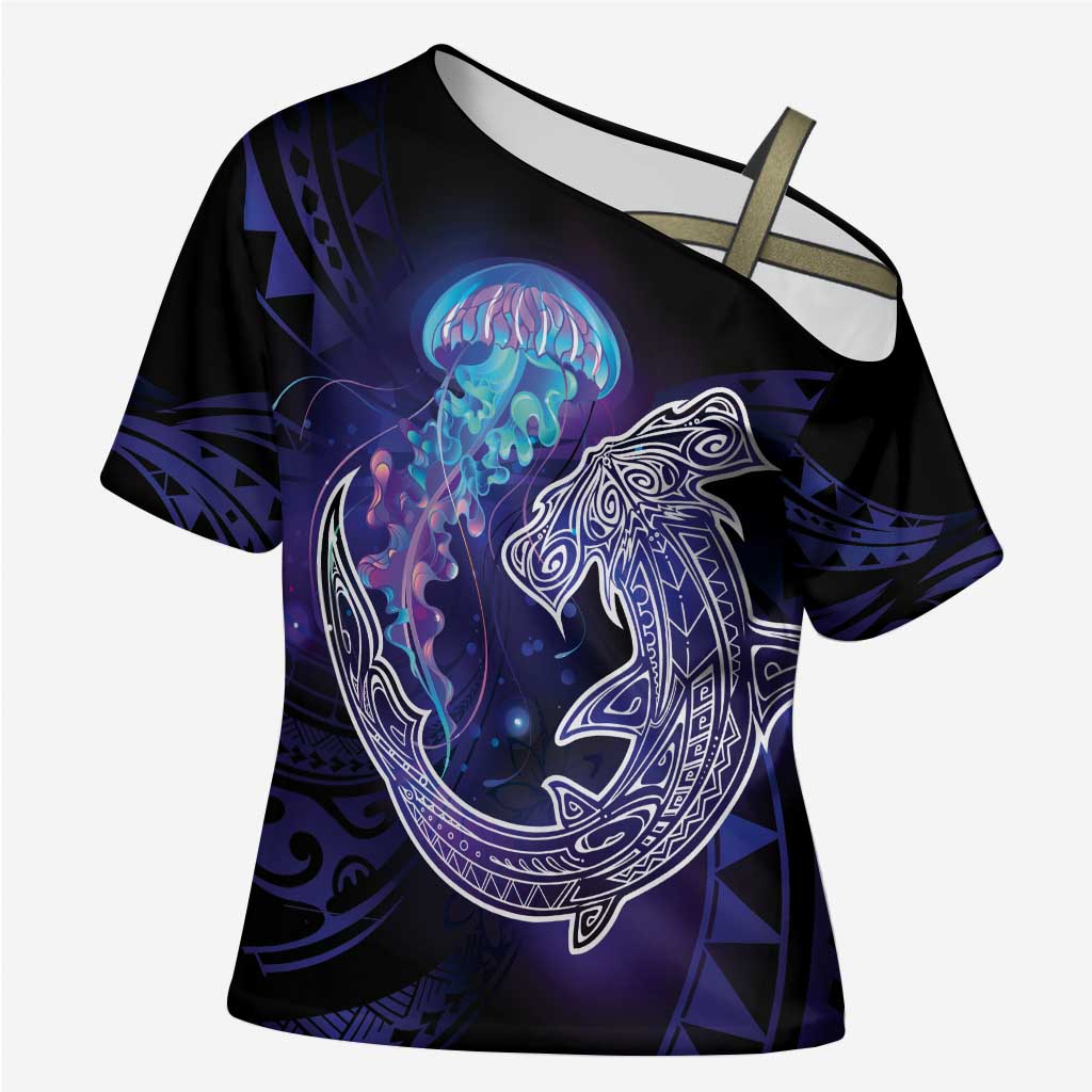 Polynesian Aumakua Cross Shoulder Shirt Jellyfish with Shark LT7 Female Teal Purple - Polynesian Pride