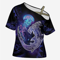 Polynesian Aumakua Cross Shoulder Shirt Jellyfish with Shark LT7 Female Teal Purple - Polynesian Pride