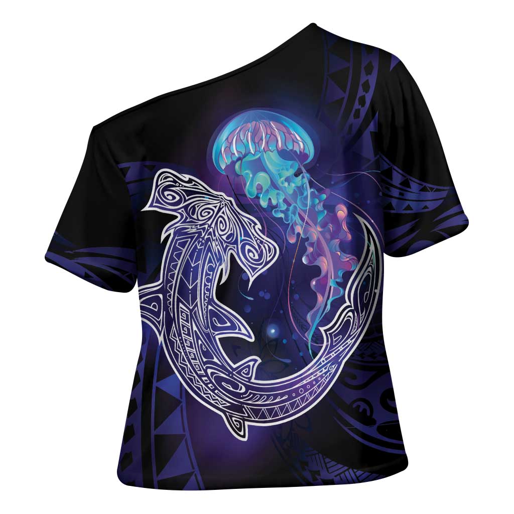 Polynesian Aumakua Cross Shoulder Shirt Jellyfish with Shark LT7 - Polynesian Pride