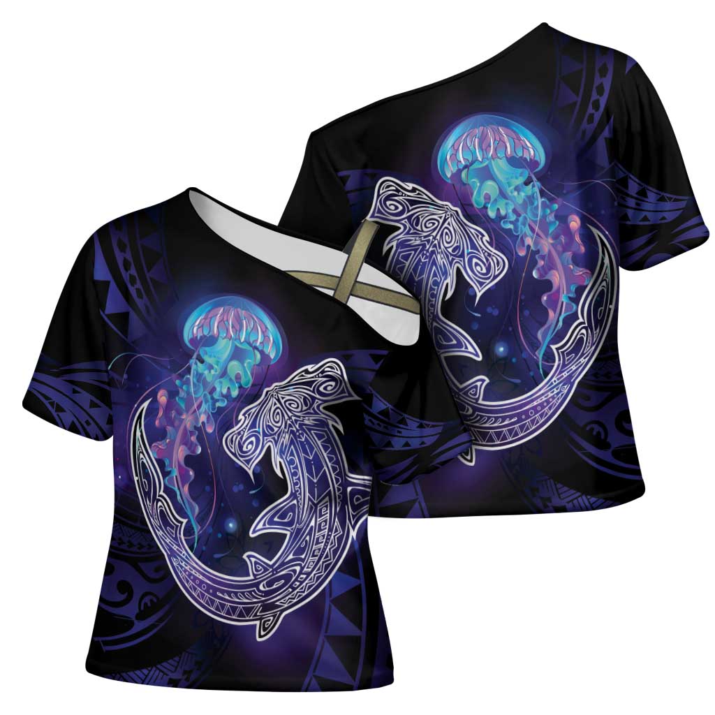 Polynesian Aumakua Cross Shoulder Shirt Jellyfish with Shark LT7 - Polynesian Pride