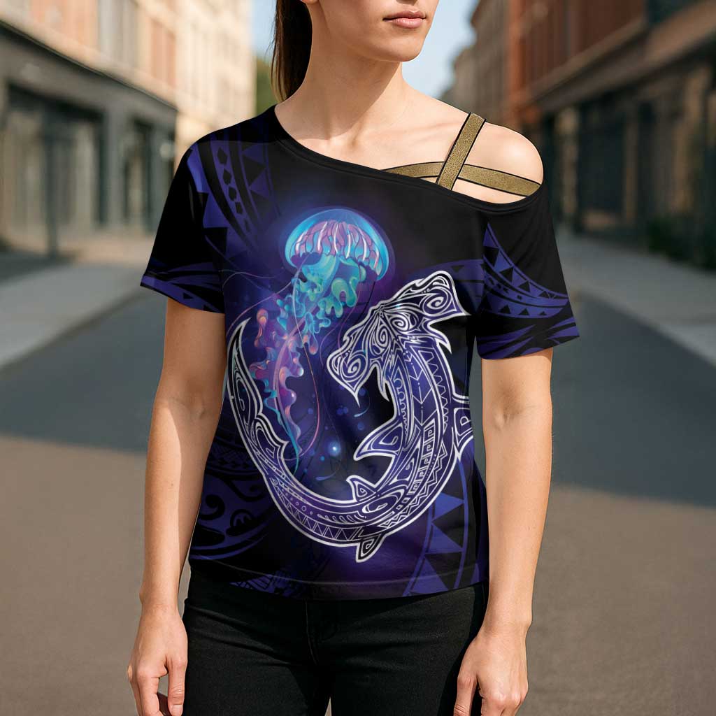Polynesian Aumakua Cross Shoulder Shirt Jellyfish with Shark LT7 - Polynesian Pride