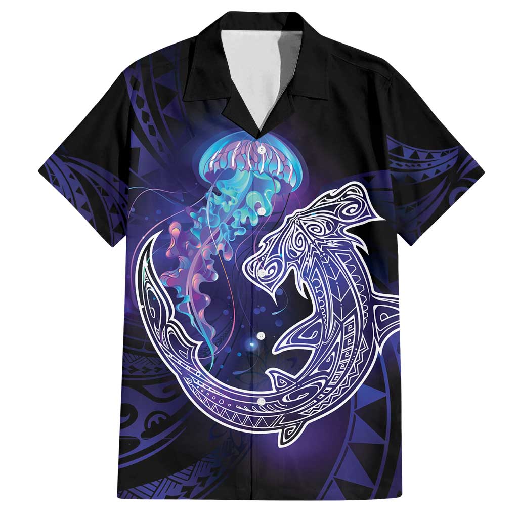 Polynesian Aumakua Family Matching Long Sleeve Bodycon Dress and Hawaiian Shirt Jellyfish with Shark - Polynesian Pride