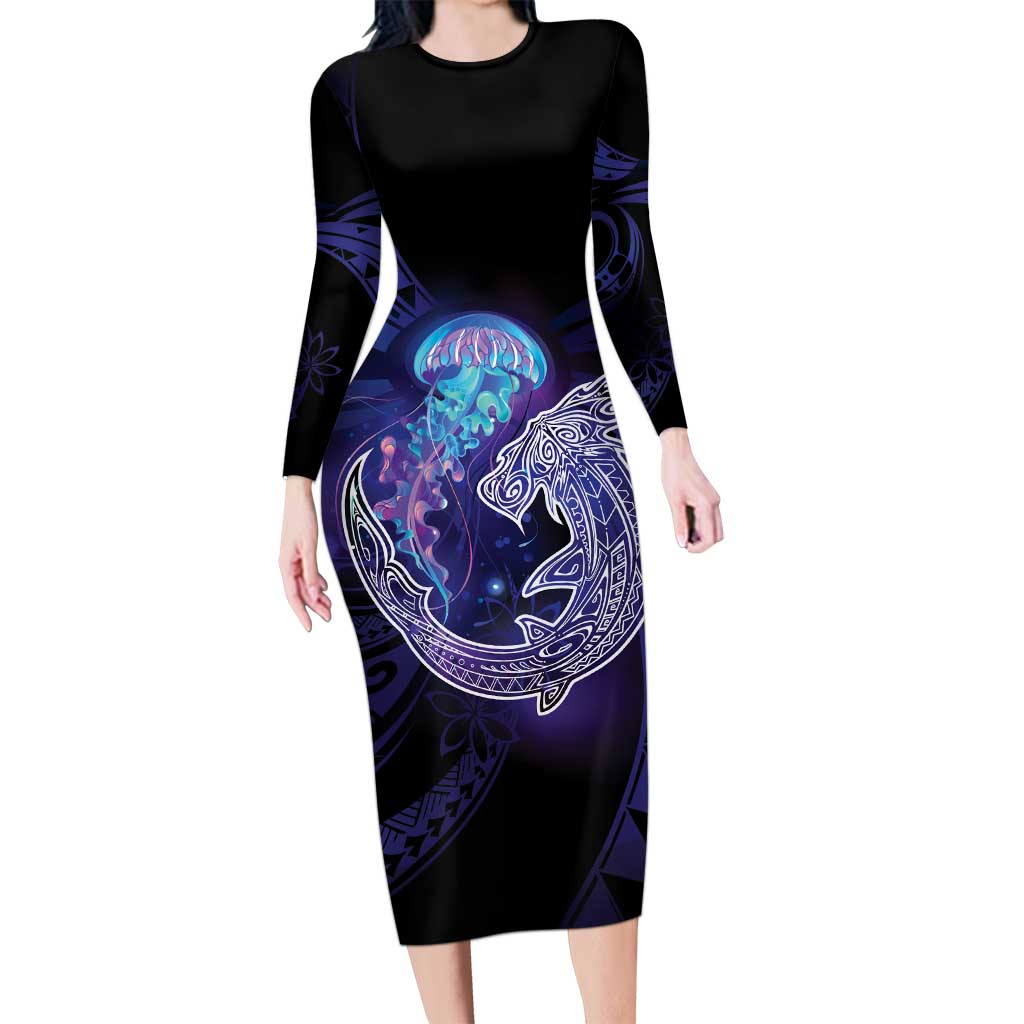 Polynesian Aumakua Family Matching Long Sleeve Bodycon Dress and Hawaiian Shirt Jellyfish with Shark - Polynesian Pride