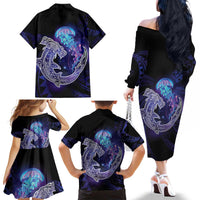 Polynesian Aumakua Family Matching Off The Shoulder Long Sleeve Dress and Hawaiian Shirt Jellyfish with Shark - Polynesian Pride