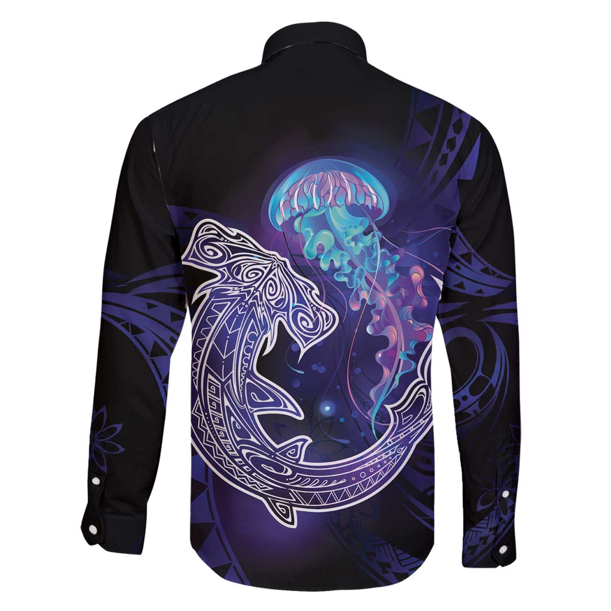 Polynesian Aumakua Family Matching Off The Shoulder Long Sleeve Dress and Hawaiian Shirt Jellyfish with Shark - Polynesian Pride