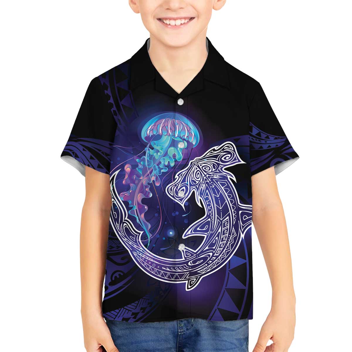 Polynesian Aumakua Family Matching Off The Shoulder Long Sleeve Dress and Hawaiian Shirt Jellyfish with Shark - Polynesian Pride