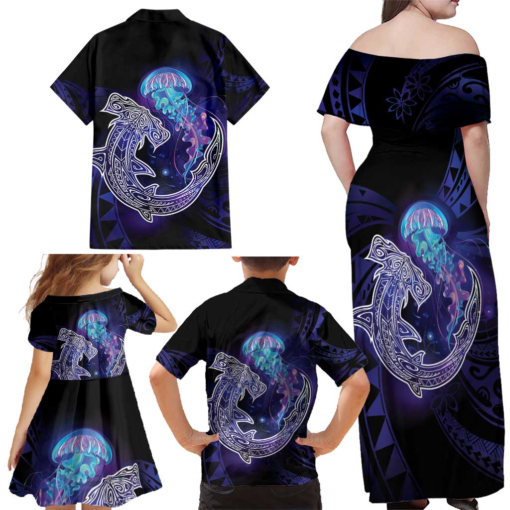 Polynesian Aumakua Family Matching Off Shoulder Maxi Dress and Hawaiian Shirt Jellyfish with Shark - Polynesian Pride
