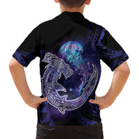 Polynesian Aumakua Family Matching Off Shoulder Short Dress and Hawaiian Shirt Jellyfish with Shark - Polynesian Pride