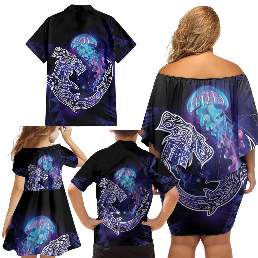 Polynesian Aumakua Family Matching Off Shoulder Short Dress and Hawaiian Shirt Jellyfish with Shark - Polynesian Pride