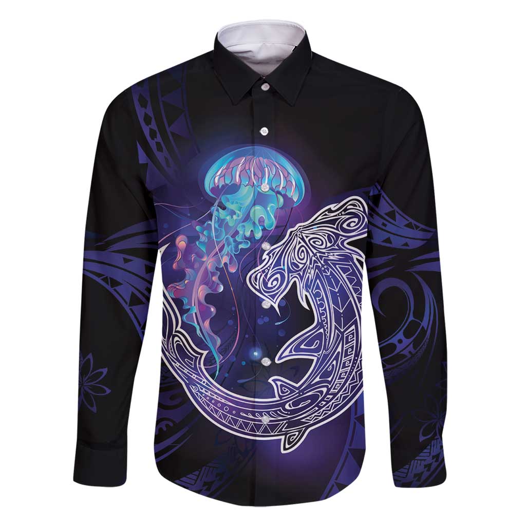 Polynesian Aumakua Family Matching Off Shoulder Short Dress and Hawaiian Shirt Jellyfish with Shark - Polynesian Pride
