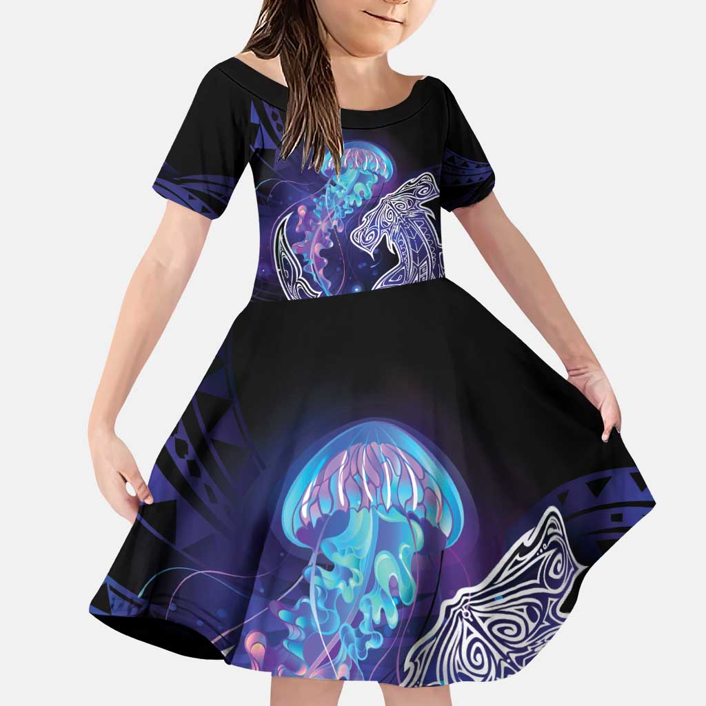 Polynesian Aumakua Family Matching Puletasi and Hawaiian Shirt Jellyfish with Shark LT7 Daughter's Dress Teal Purple - Polynesian Pride