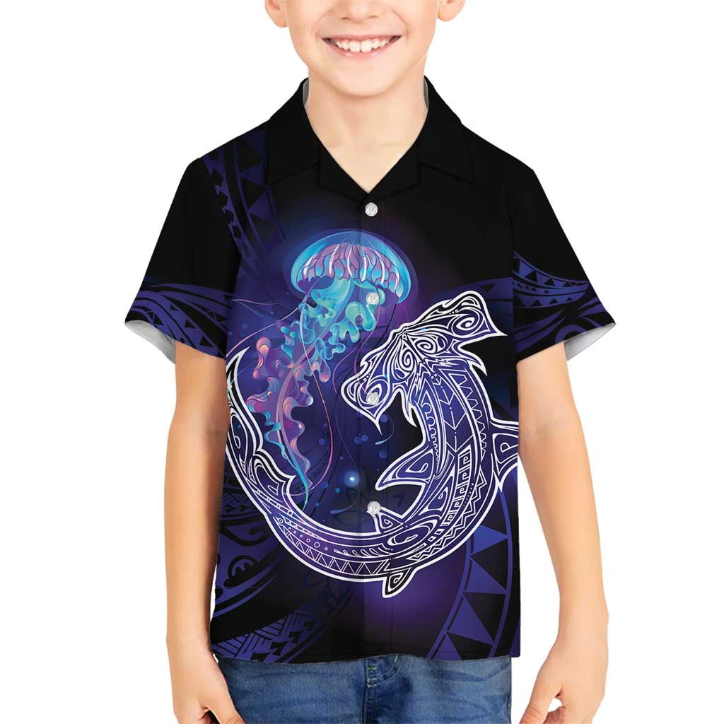 Polynesian Aumakua Family Matching Puletasi and Hawaiian Shirt Jellyfish with Shark LT7 Son's Shirt Teal Purple - Polynesian Pride
