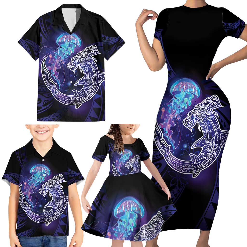 Polynesian Aumakua Family Matching Short Sleeve Bodycon Dress and Hawaiian Shirt Jellyfish with Shark - Polynesian Pride