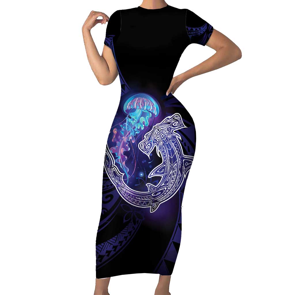 Polynesian Aumakua Family Matching Short Sleeve Bodycon Dress and Hawaiian Shirt Jellyfish with Shark - Polynesian Pride
