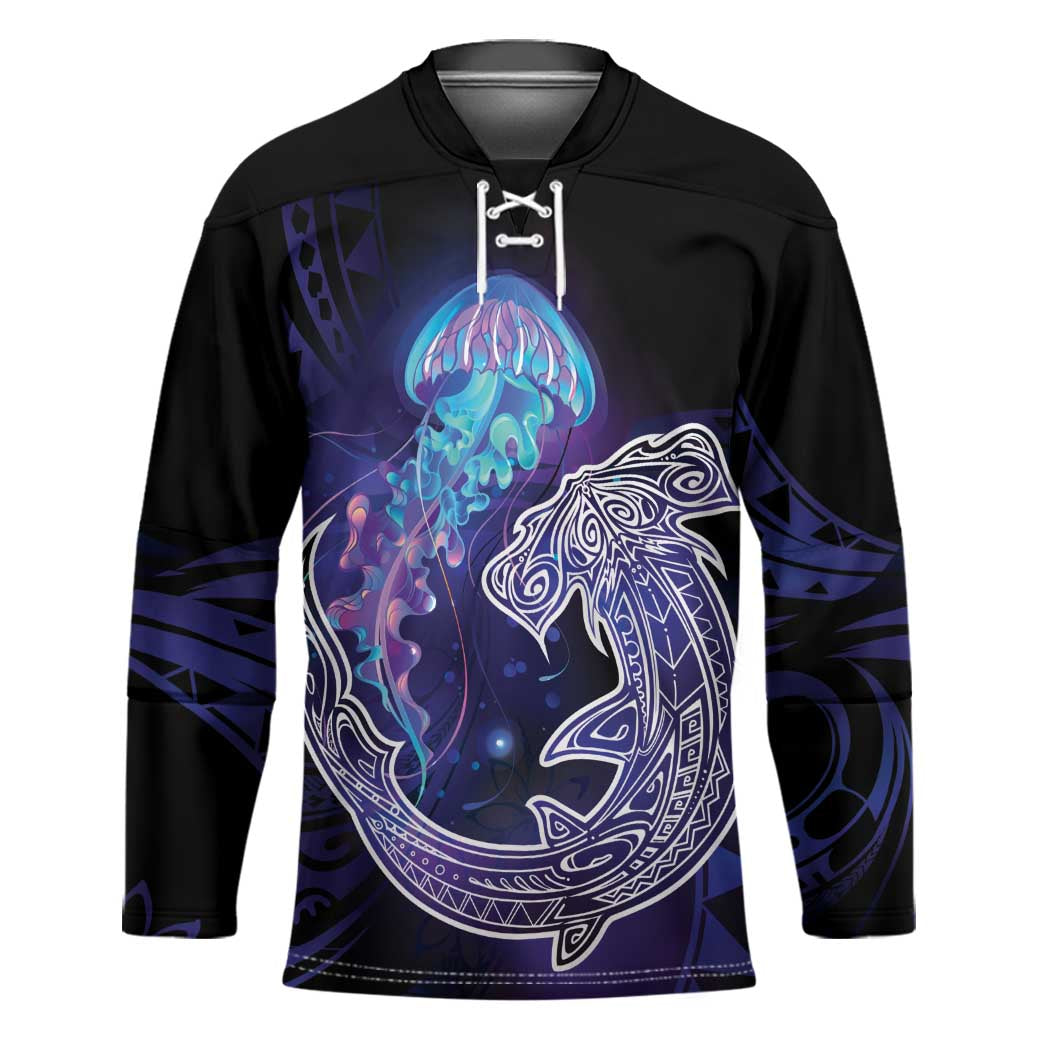 Polynesian Aumakua Hockey Jersey Jellyfish with Shark LT7 Unisex Teal Purple - Polynesian Pride