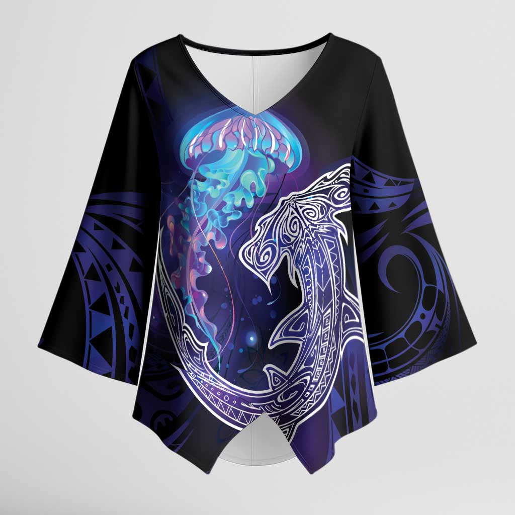 Polynesian Aumakua Kimono Sleeve Blouse Jellyfish with Shark LT7 Female Teal Purple - Polynesian Pride