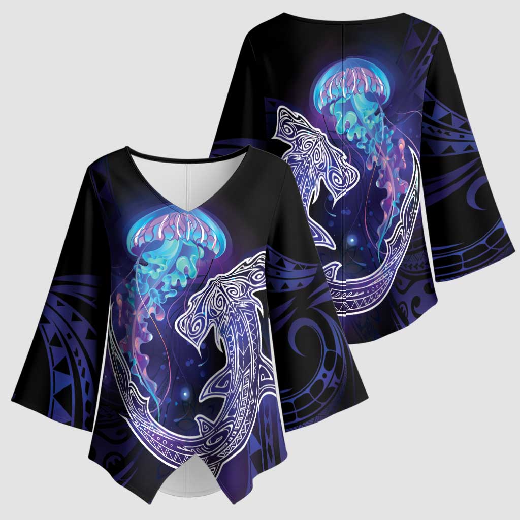 Polynesian Aumakua Kimono Sleeve Blouse Jellyfish with Shark LT7 - Polynesian Pride