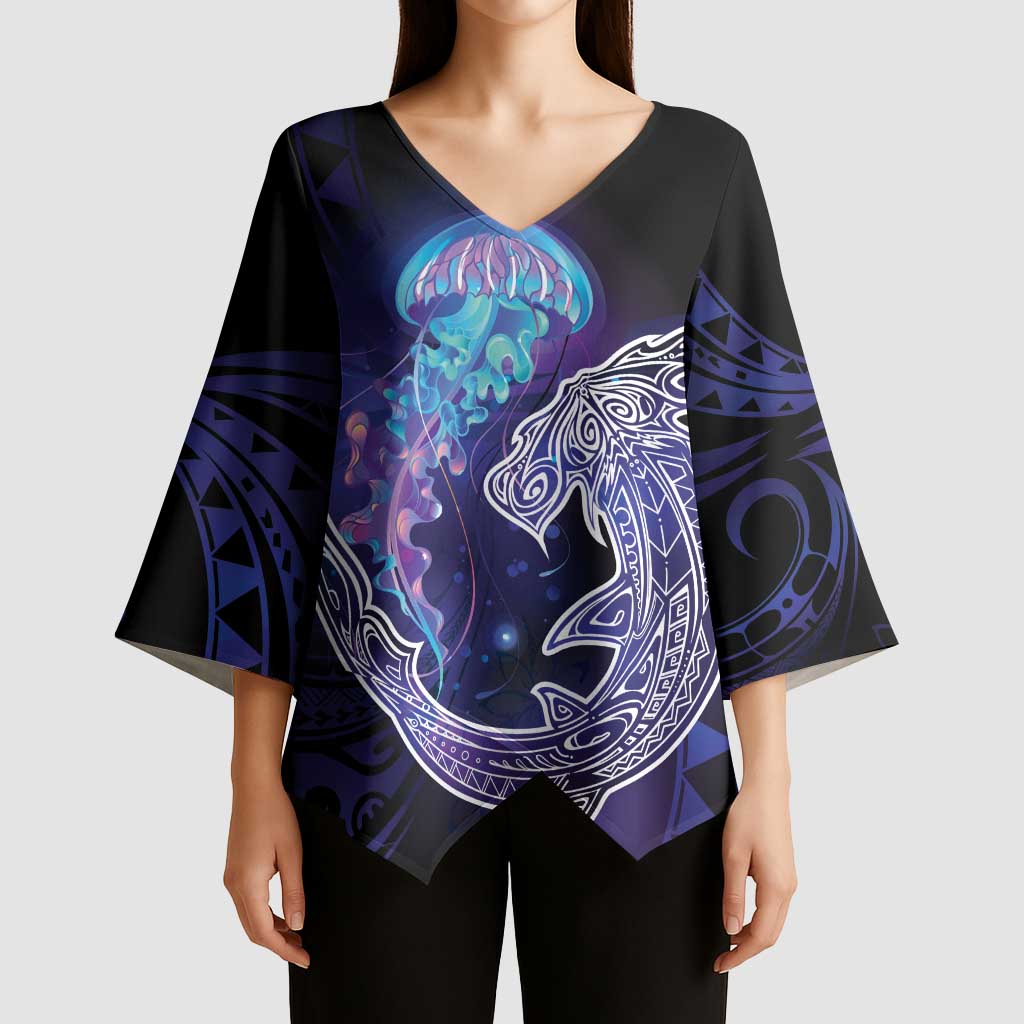 Polynesian Aumakua Kimono Sleeve Blouse Jellyfish with Shark LT7 - Polynesian Pride