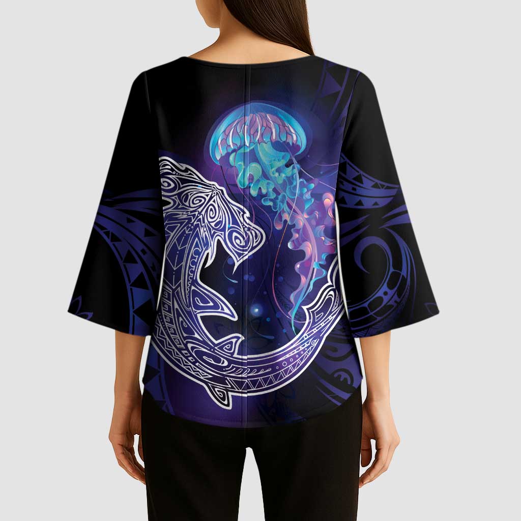 Polynesian Aumakua Kimono Sleeve Blouse Jellyfish with Shark LT7 - Polynesian Pride