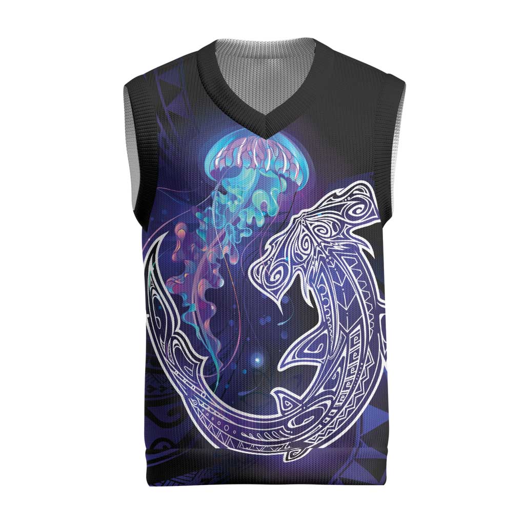 Polynesian Aumakua Christmas Knitted V-Neck Vest Jellyfish with Shark LT7 Teal Purple - Polynesian Pride