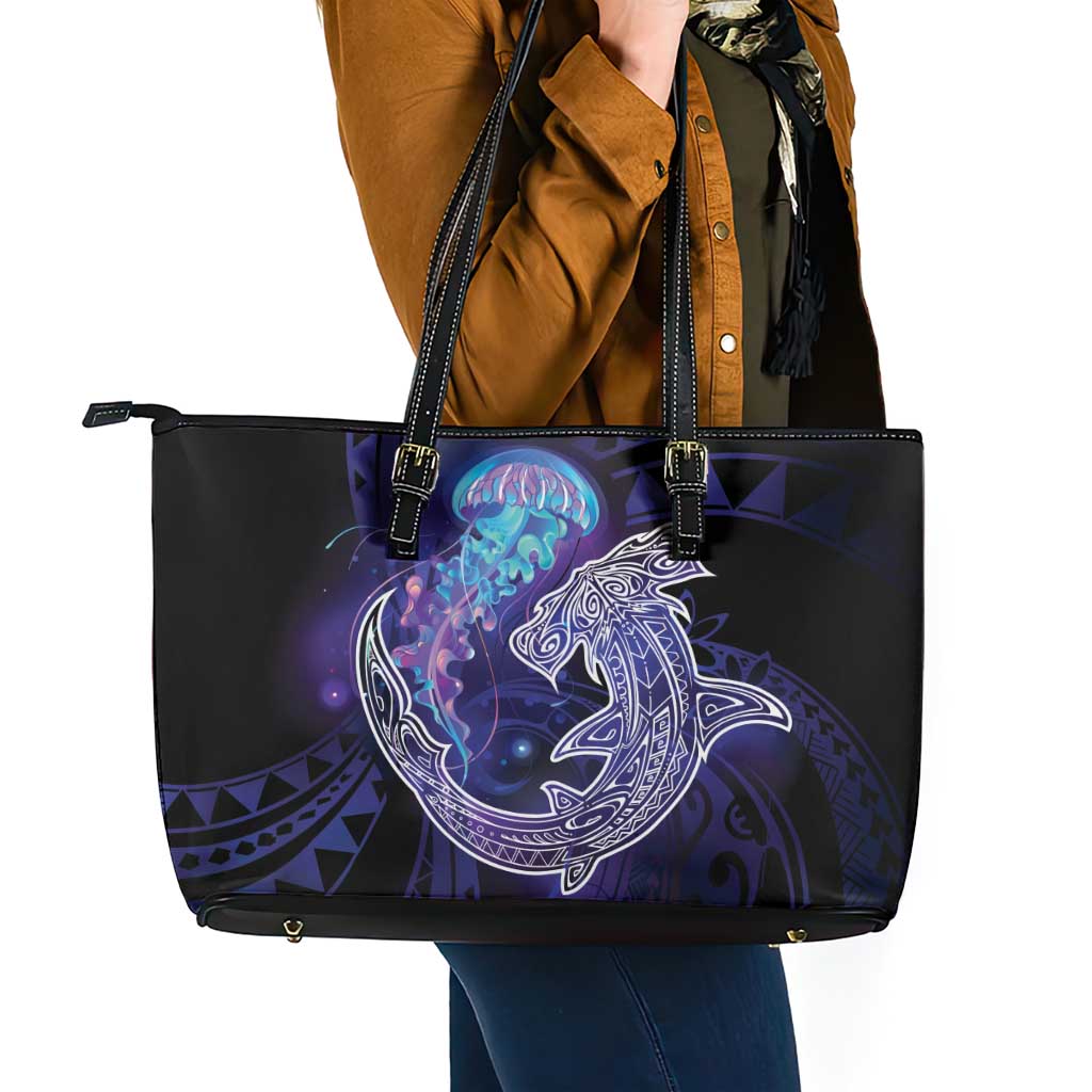 Polynesian Aumakua Leather Tote Bag Jellyfish with Shark - Polynesian Pride