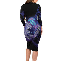 Polynesian Aumakua Long Sleeve Bodycon Dress Jellyfish with Shark - Polynesian Pride