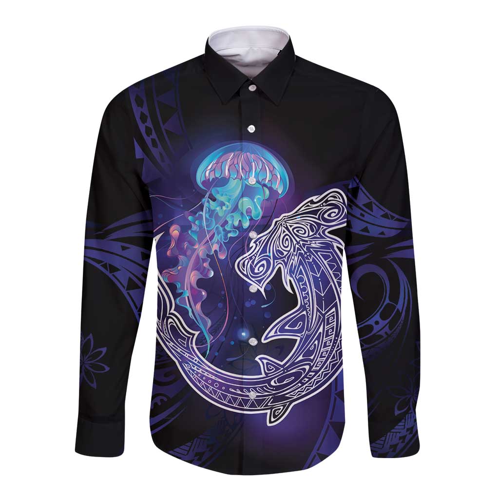 Polynesian Aumakua Long Sleeve Button Shirt Jellyfish with Shark LT7 Unisex Teal Purple - Polynesian Pride