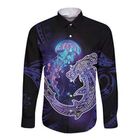Polynesian Aumakua Long Sleeve Button Shirt Jellyfish with Shark LT7 Unisex Teal Purple - Polynesian Pride