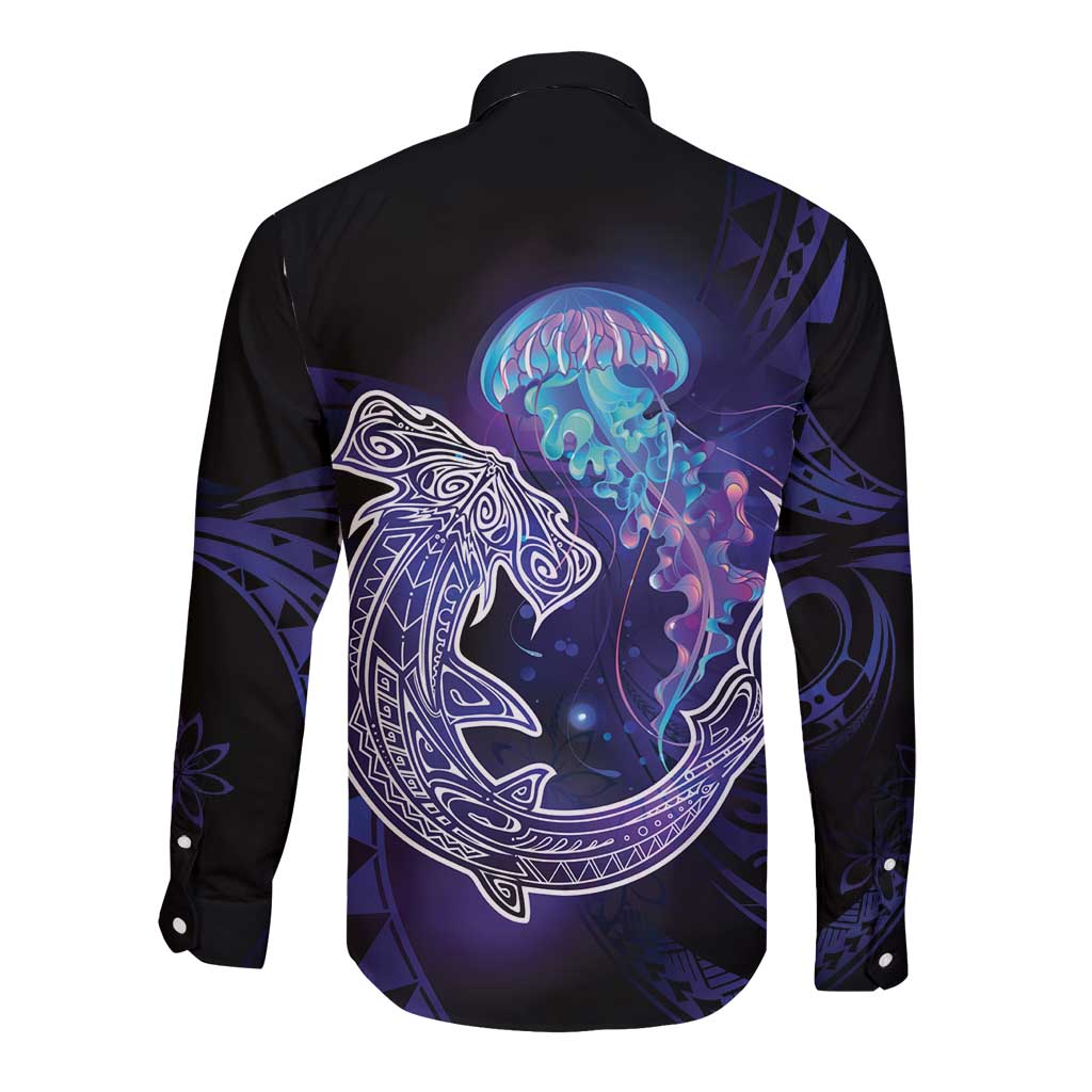 Polynesian Aumakua Long Sleeve Button Shirt Jellyfish with Shark LT7 - Polynesian Pride
