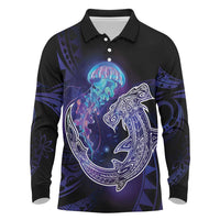 Polynesian Aumakua Long Sleeve Polo Shirt Jellyfish with Shark LT7 Teal Purple - Polynesian Pride