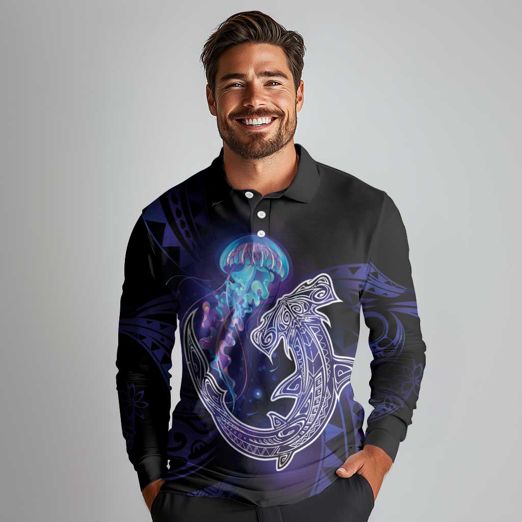 Polynesian Aumakua Long Sleeve Polo Shirt Jellyfish with Shark LT7 - Polynesian Pride